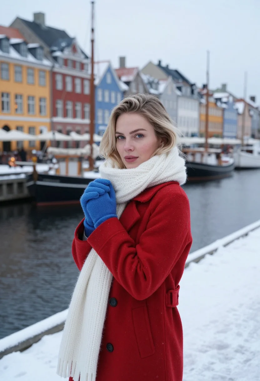 AI nyhavn winter palette sample — portrait of a woman, framed chest-up, the crop at the breast