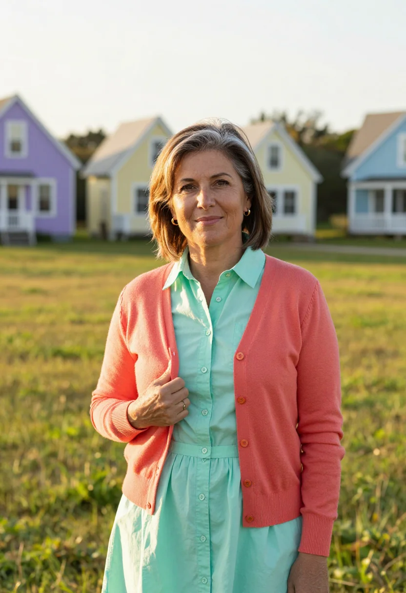 AI oak bluffs cottage realtor palette sample — portrait of a woman, Italian-American, in her early fifties,