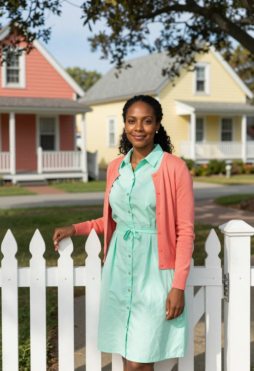 AI oak bluffs cottage realtor palette sample — portrait of a woman, Black American, in her early forties, w