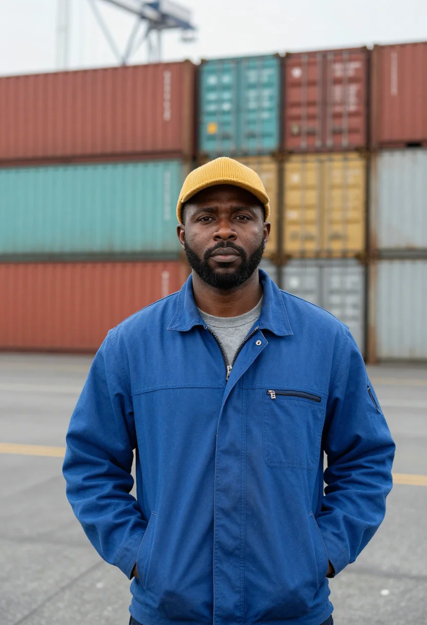 AI oakland longshore container palette sample — portrait of a man, half-length portrait of a longshore worke