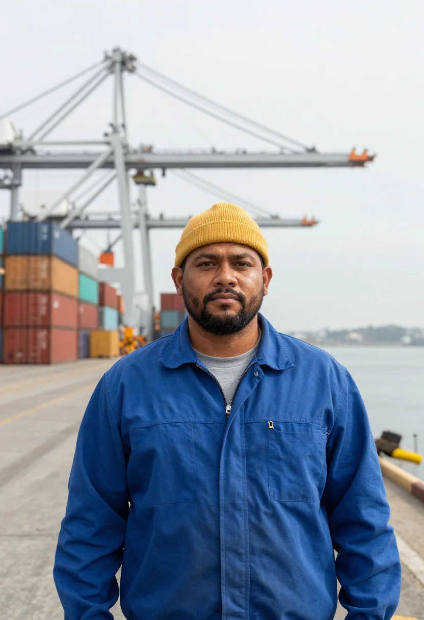 AI oakland longshore container palette sample — portrait of a man, half-length portrait of a longshore worke