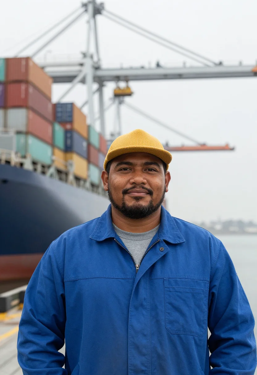 AI oakland longshore container palette sample — portrait of a man, chest-up portrait of a longshore worker o