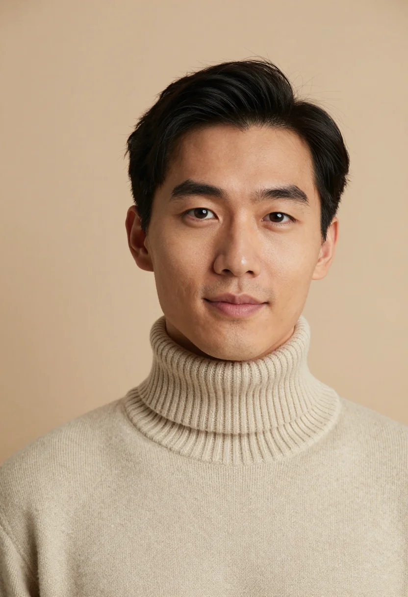 AI oatmeal knit headshot sample — portrait of a man, tight headshot of an East-Asian man in hi