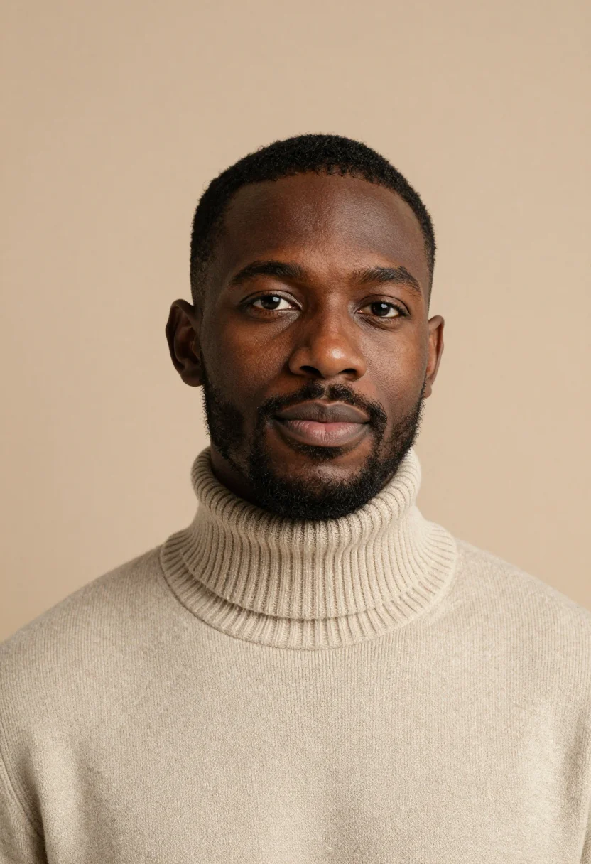AI oatmeal knit headshot sample — portrait of a man, head-and-shoulders portrait of a Black ma
