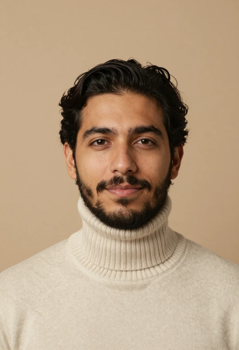 AI oatmeal knit headshot sample — portrait of a man, tight headshot of a Latin-American man in