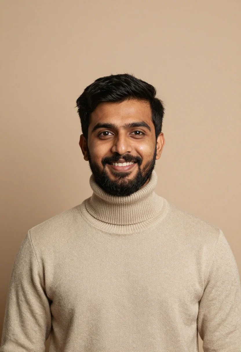 AI oatmeal knit headshot sample — portrait of a man, chest-up portrait of a South-Asian man in