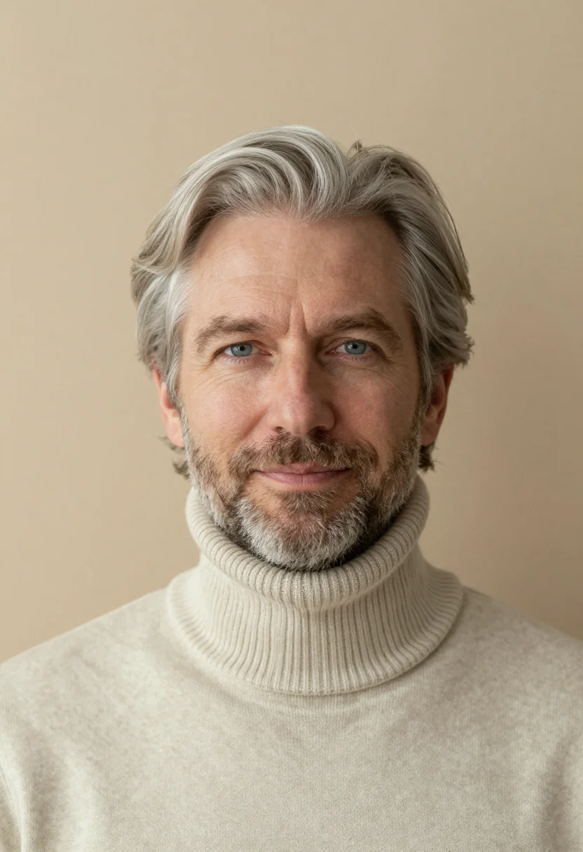 AI oatmeal knit headshot sample — portrait of a man, head-and-shoulders portrait of a Western-