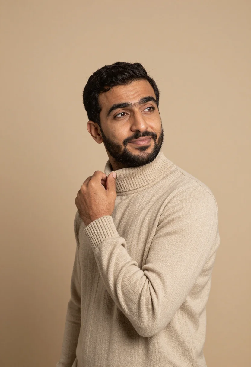 AI oatmeal knit headshot sample — portrait of a man, chest-up three-quarter portrait of a Midd