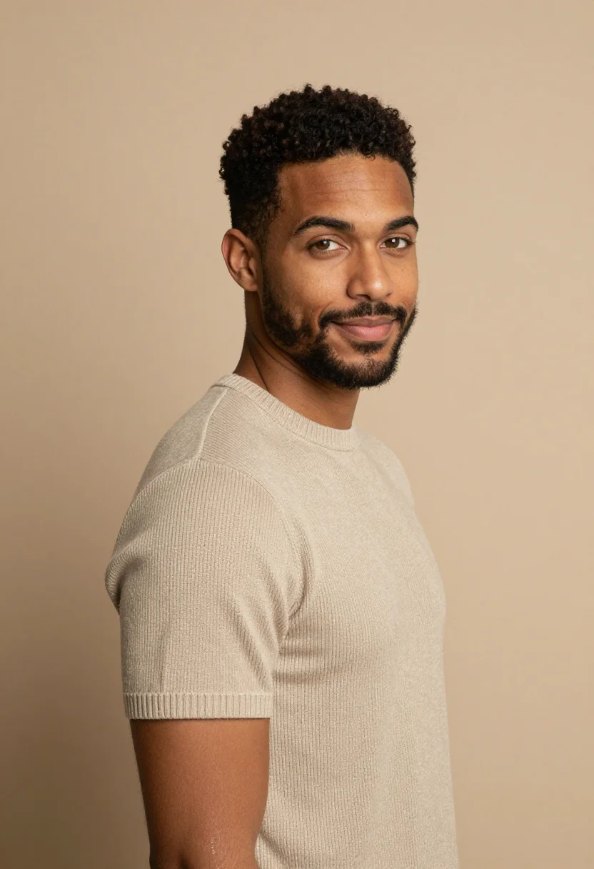 AI oatmeal knit headshot sample — portrait of a man, tight three-quarter headshot of a mixed-h
