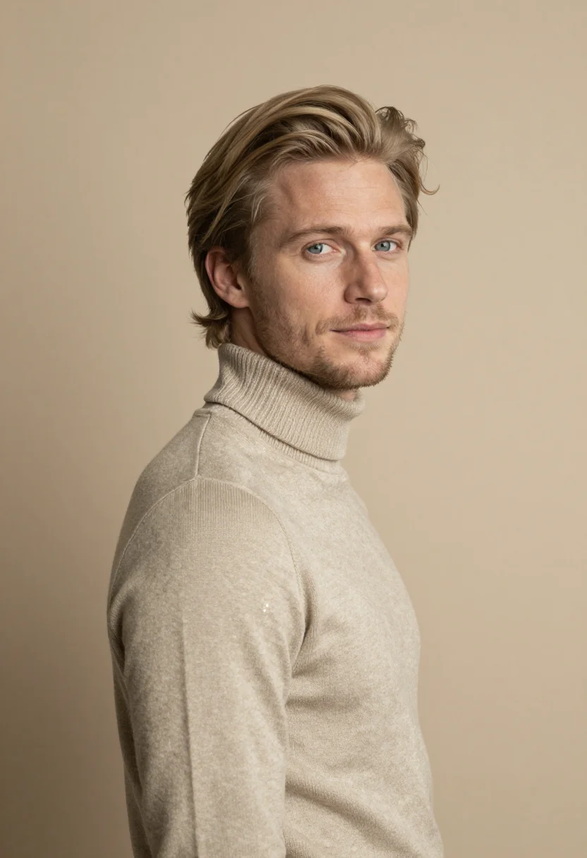 AI oatmeal knit headshot sample — portrait of a man, head-and-shoulders three-quarter portrait