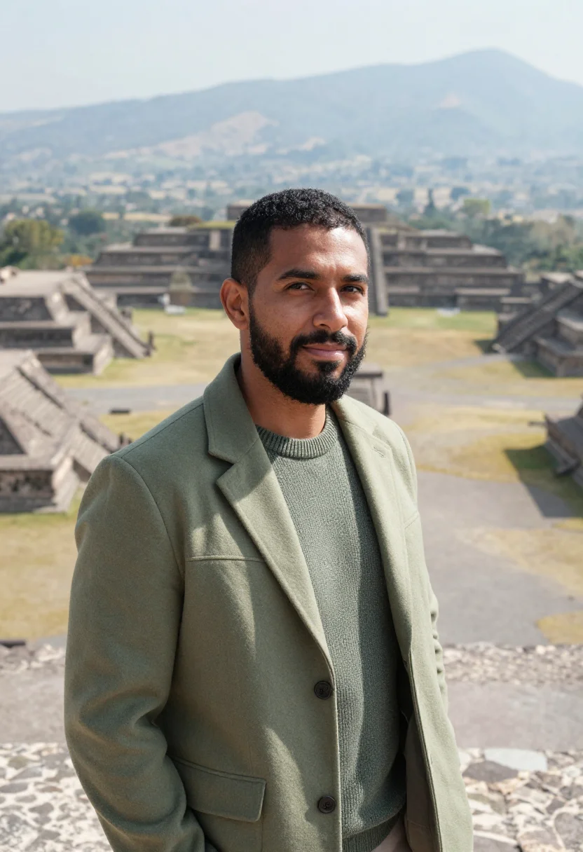 AI oaxaca archaeologist green cantera sample — portrait of a man, an Afro-Mexican archaeologist in his earl