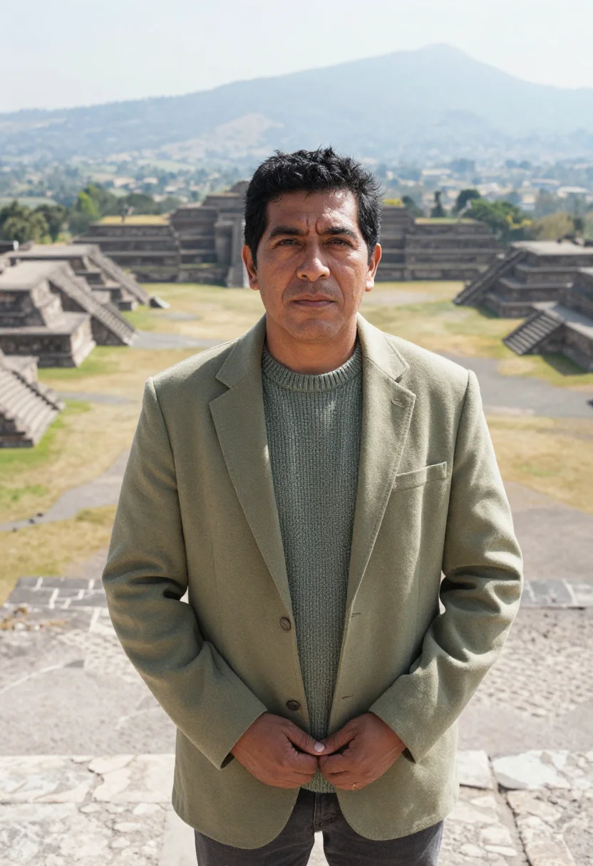 AI oaxaca archaeologist green cantera sample — portrait of a man, a Zapotec archaeologist in his fifties wi