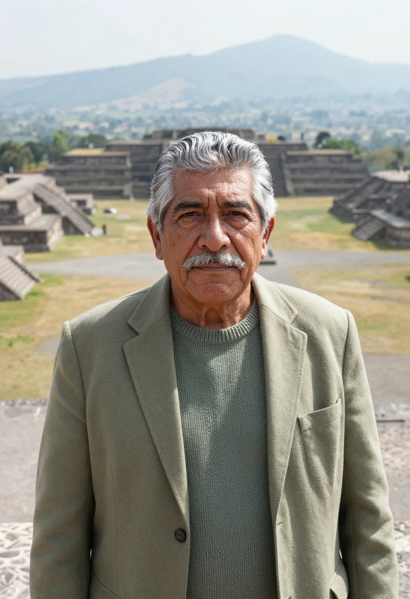 AI oaxaca archaeologist green cantera sample — portrait of a man, a Mexican archaeologist in his sixties wi