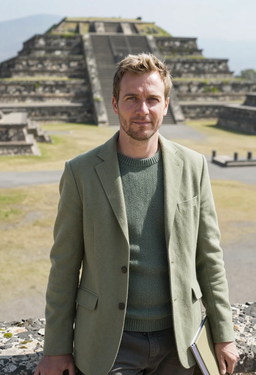 AI oaxaca archaeologist green cantera sample — portrait of a man, a French archaeologist in his late thirti