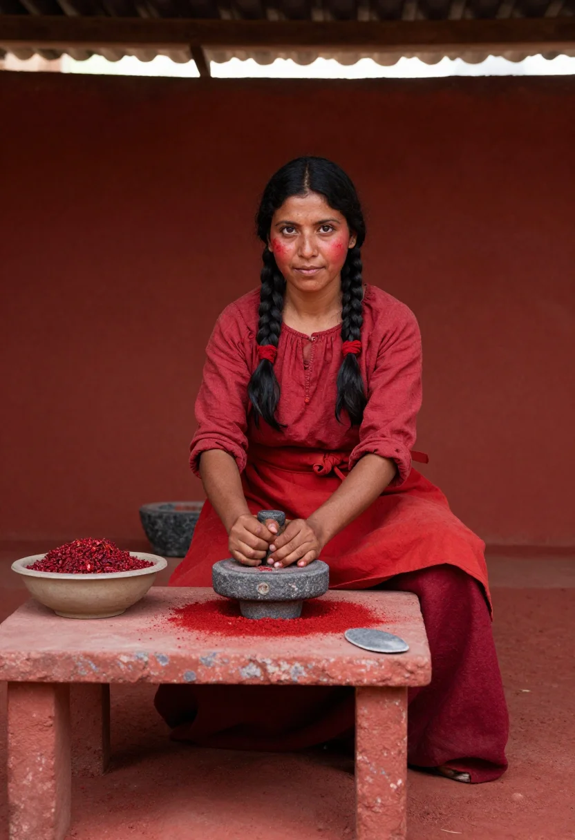AI oaxaca cochineal sample — portrait of a woman, a woman in her thirties with warm brown