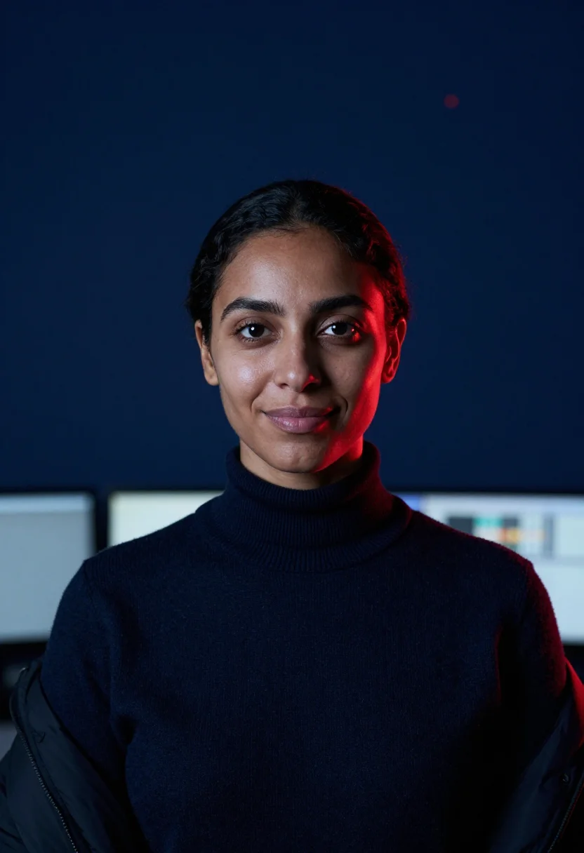 AI observatory midnight sample — portrait of a woman, tight head-and-shoulders portrait of a