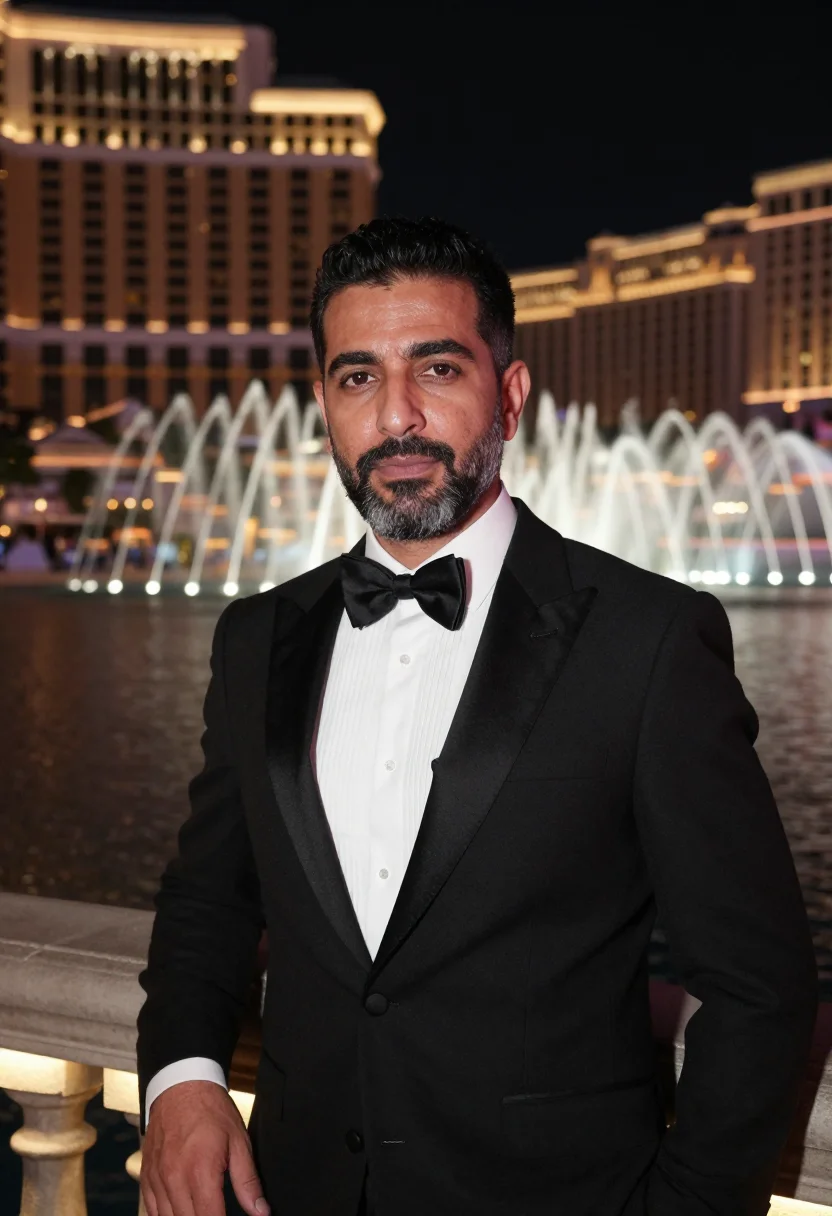 AI oceans eleven bellagio fountain black tie sample — portrait of a man, a Lebanese-American man in his late forti