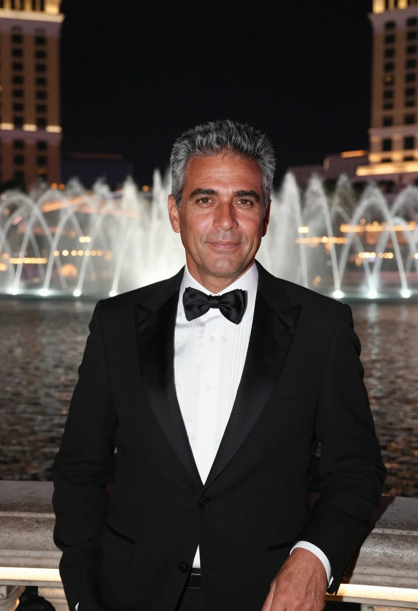 AI oceans eleven bellagio fountain black tie sample — portrait of a man, a French man in his early fifties with wa