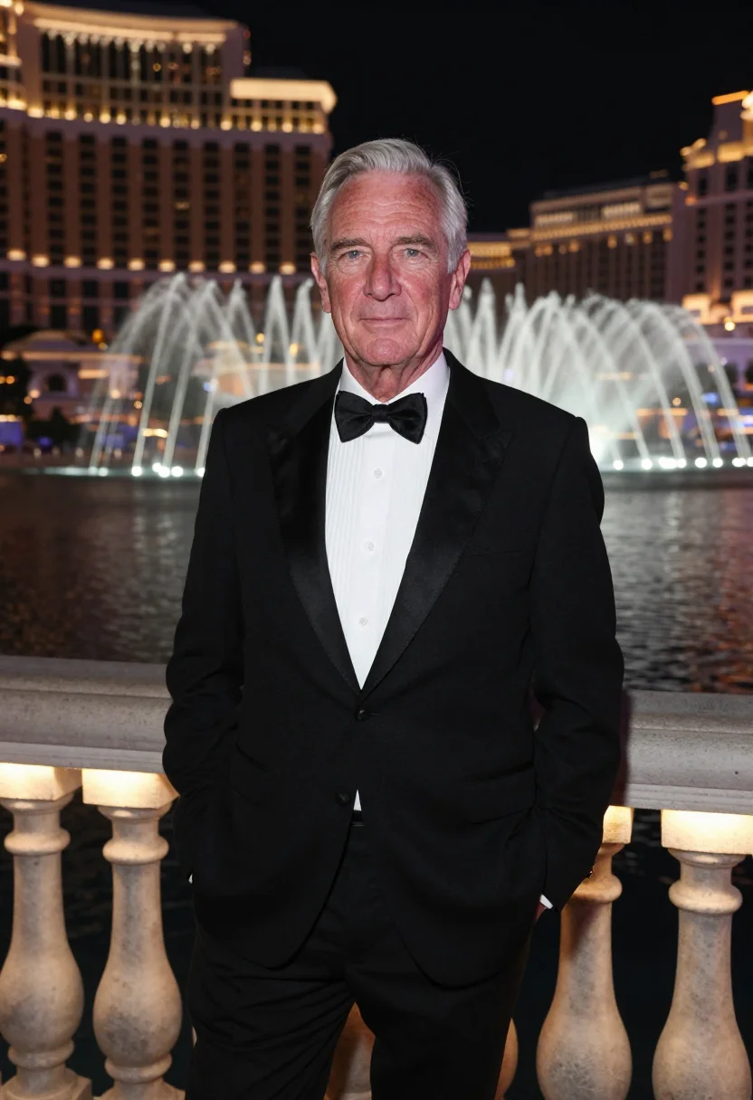 AI oceans eleven bellagio fountain black tie sample — portrait of a man, a Scottish man in his mid-fifties with ru