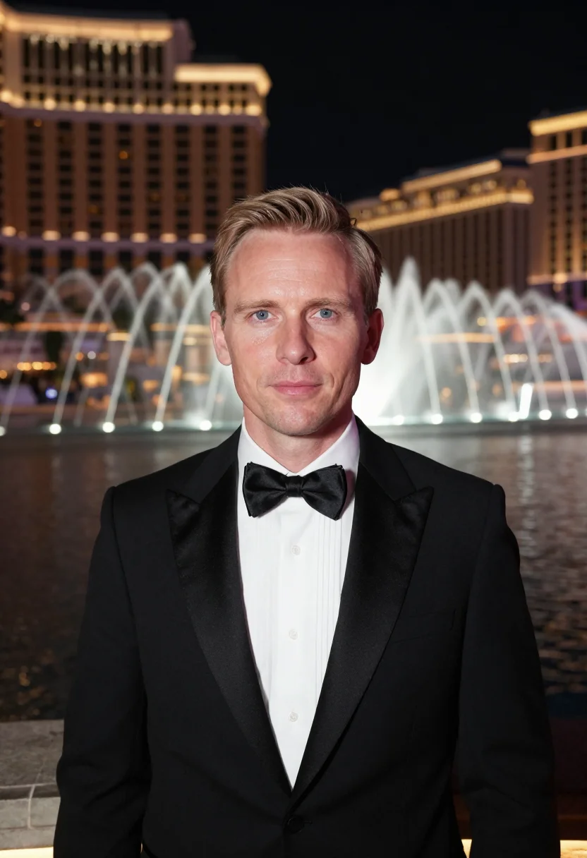 AI oceans eleven bellagio fountain black tie sample — portrait of a man, a Swedish man in his early forties with f