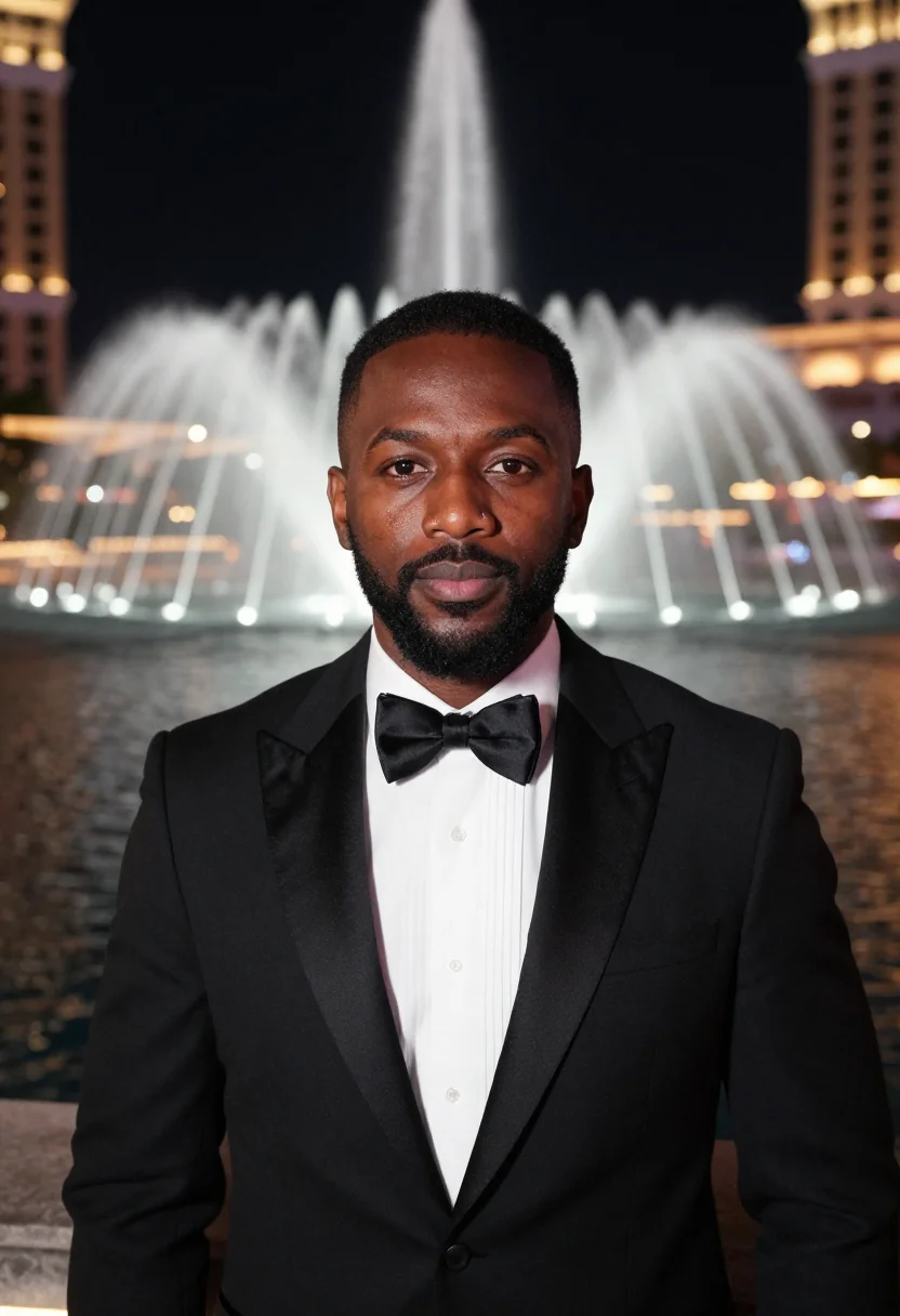 AI oceans eleven bellagio fountain black tie sample — portrait of a man, a Black American man in his mid-forties w