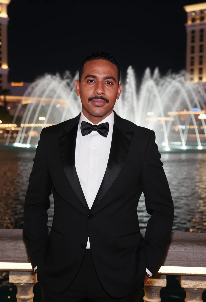 AI oceans eleven bellagio fountain black tie sample — portrait of a man, a Cuban-American man in his late thirties