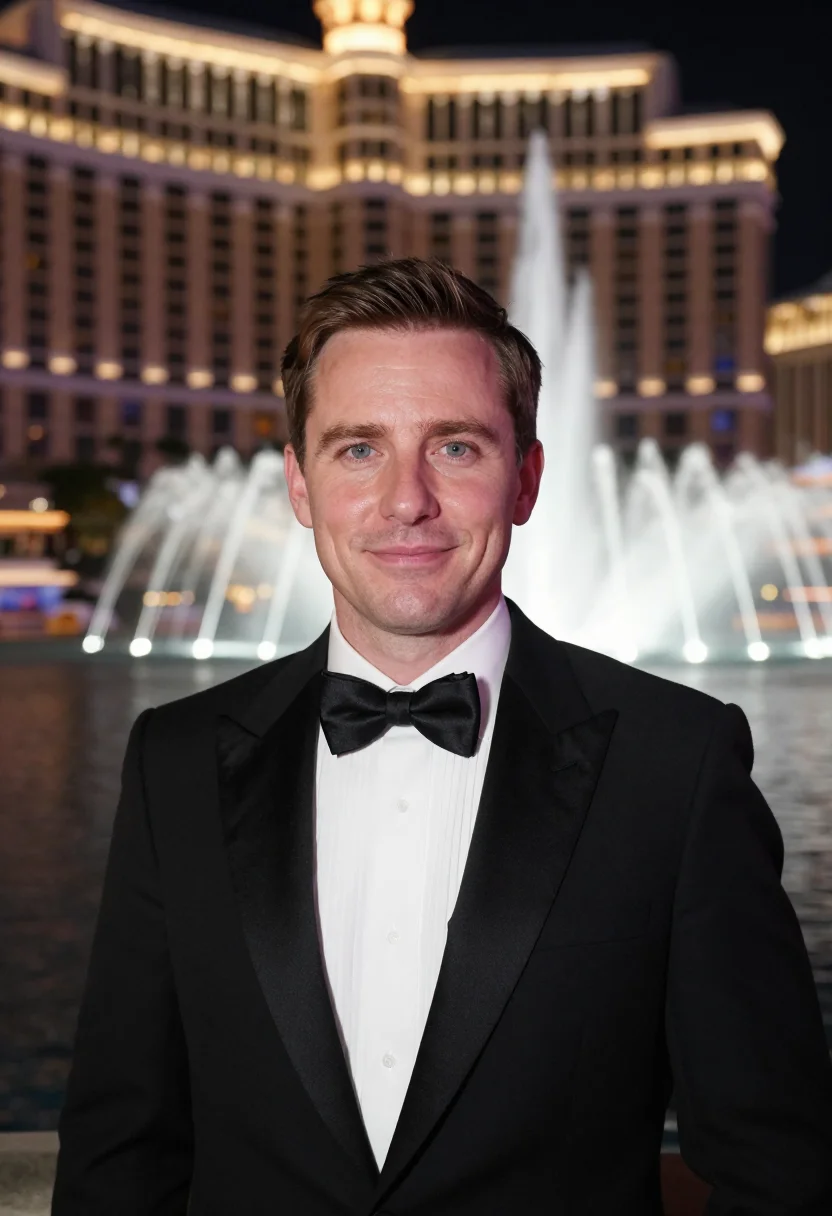 AI oceans eleven bellagio fountain black tie sample — portrait of a man, an English man in his late thirties with