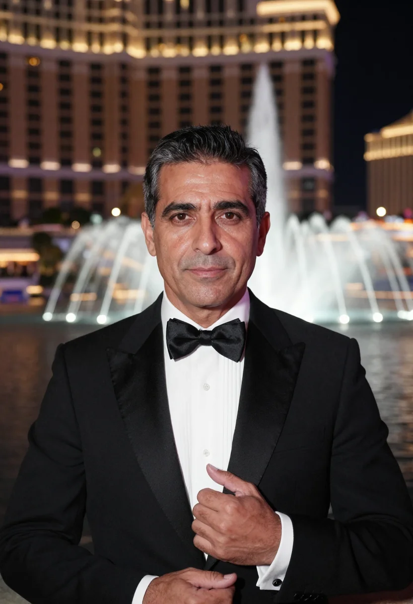 AI oceans eleven bellagio fountain black tie sample — portrait of a man, an Italian-American man in his late forti