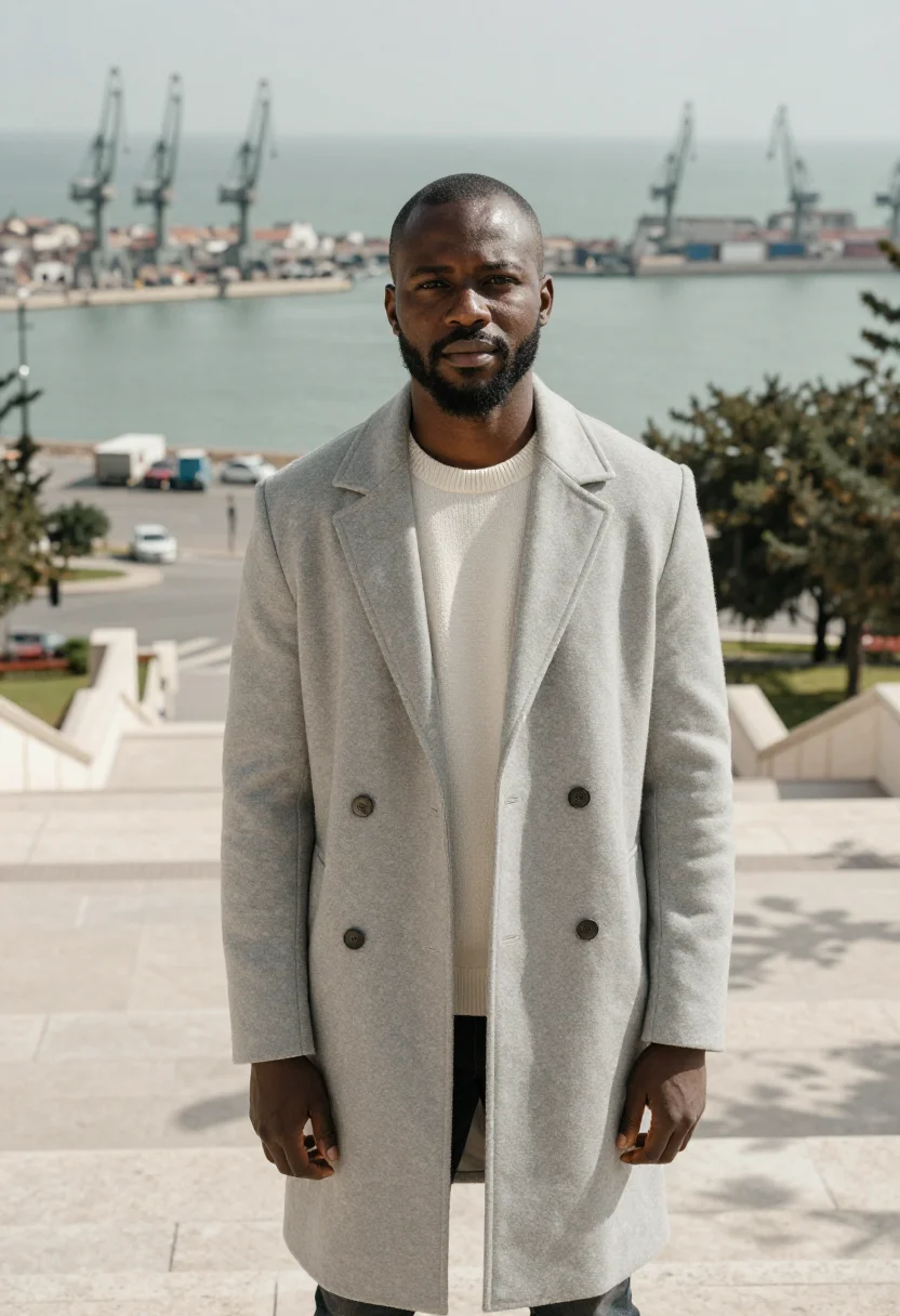 AI odesa shipping executive limestone stairs sample — portrait of a man, of Ghanaian descent in his forties with d