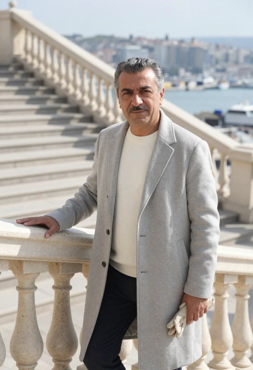 AI odesa shipping executive limestone stairs sample — portrait of a man, of Turkish descent in his fifties with wa