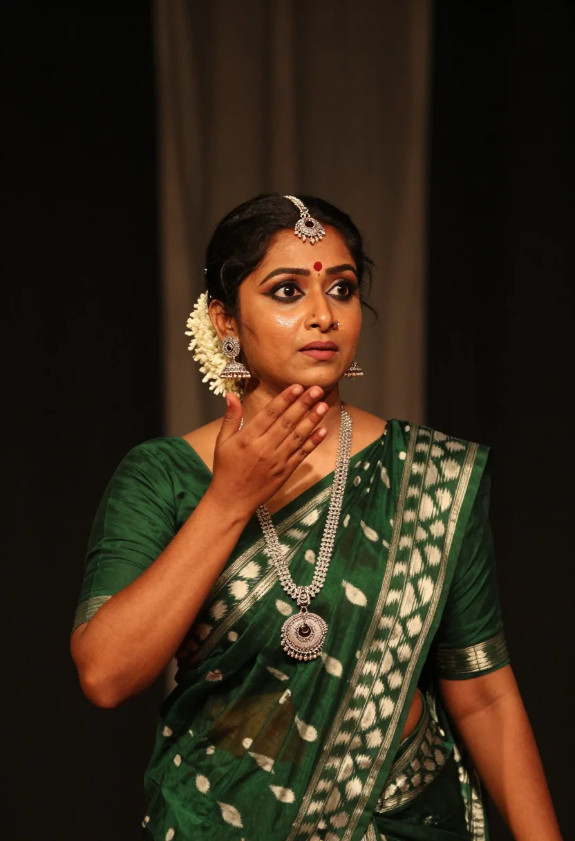 AI odissi sample — close three-quarter stage portrait of a South-Asian Odia wom