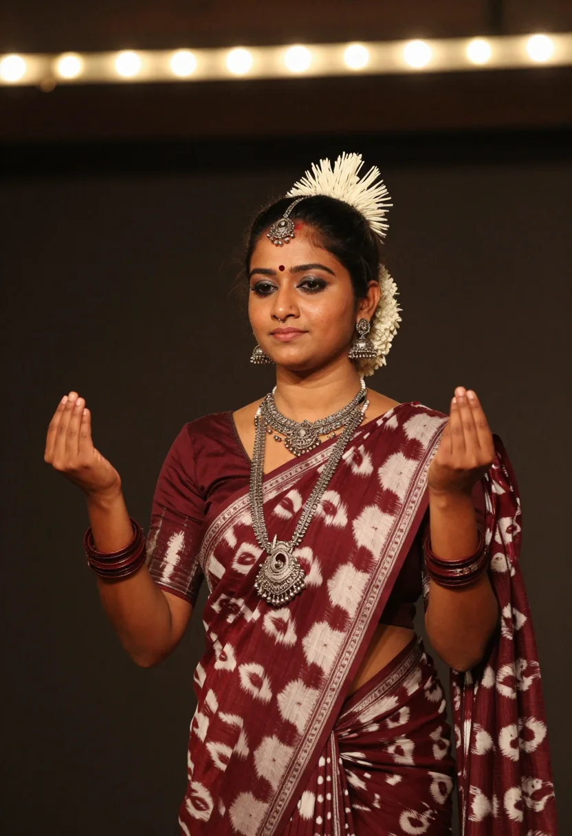 AI odissi sample — three-quarter stage portrait of a South-Asian Odia woman wit