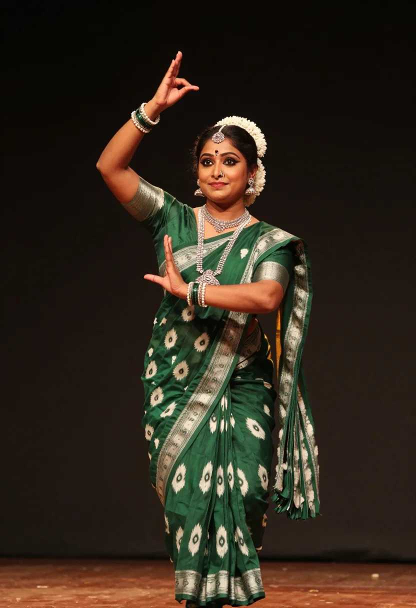 AI odissi sample — three-quarter stage portrait of a South-Asian Odia woman wit