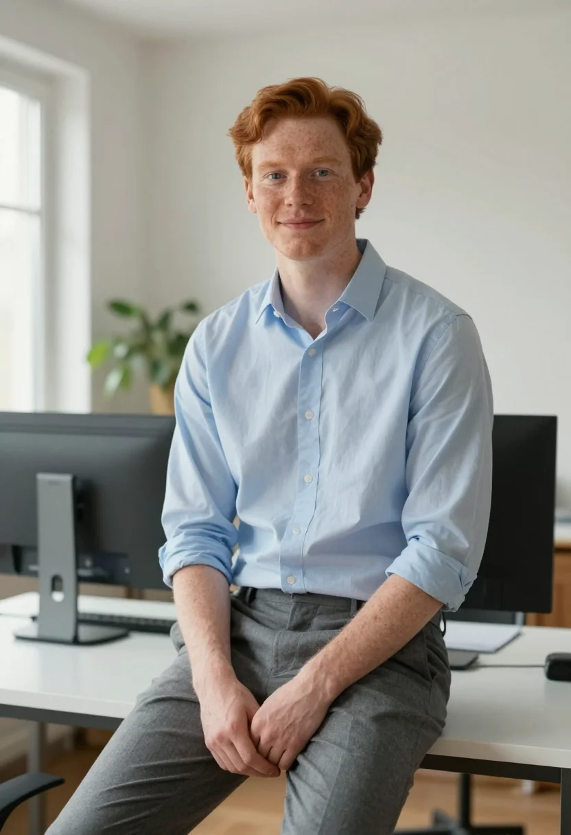 AI office environmental headshot sample — half-length portrait of a Western-European man in his late t