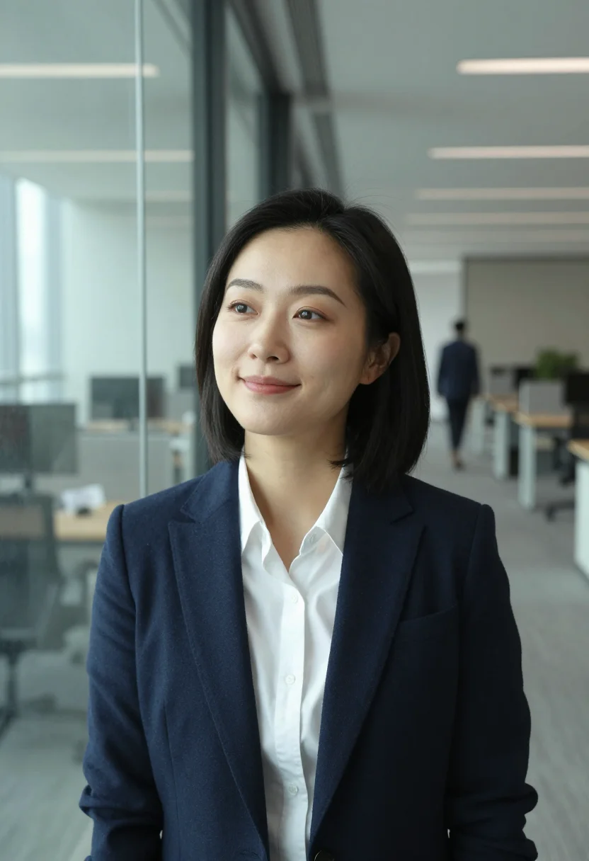 AI office environmental headshot sample — head-and-shoulders portrait of an East-Asian woman in her mi