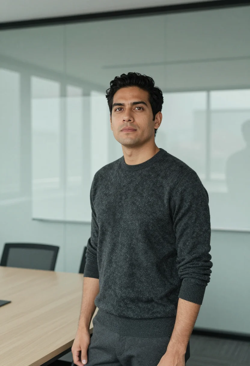 AI office environmental headshot sample — chest-up portrait of a Latin-American man in his mid-thirtie