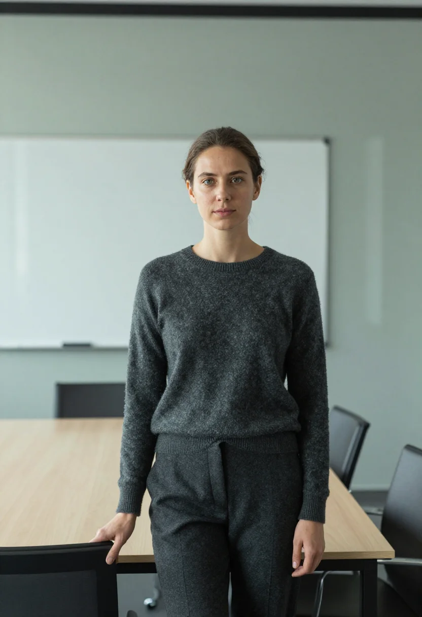 AI office environmental headshot sample — half-length portrait of a Western-European woman in her late