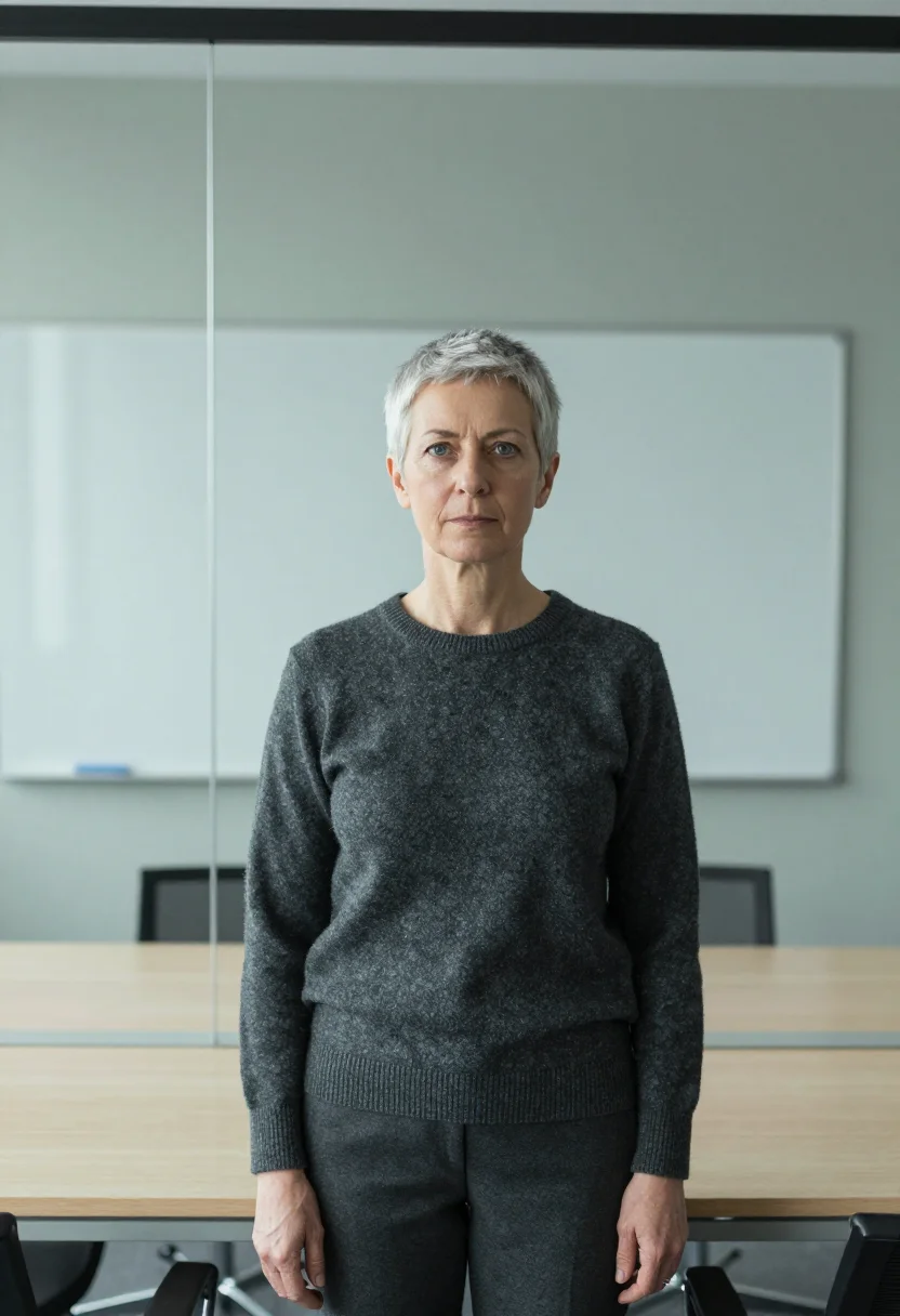 AI office environmental headshot sample — head-and-shoulders portrait of a Western-European woman in h