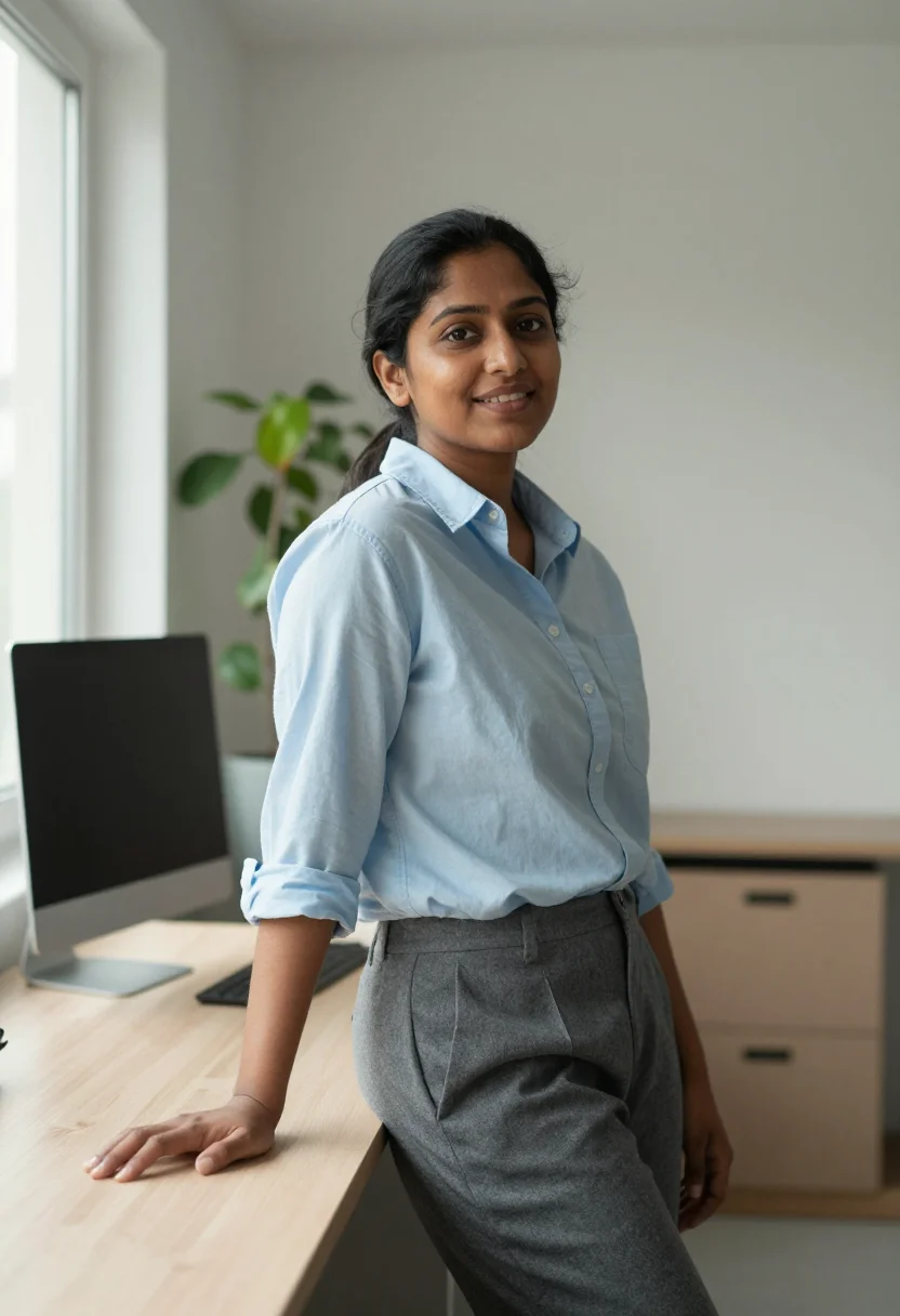 AI office environmental headshot sample — half-length portrait of a South-Asian woman in her early thi