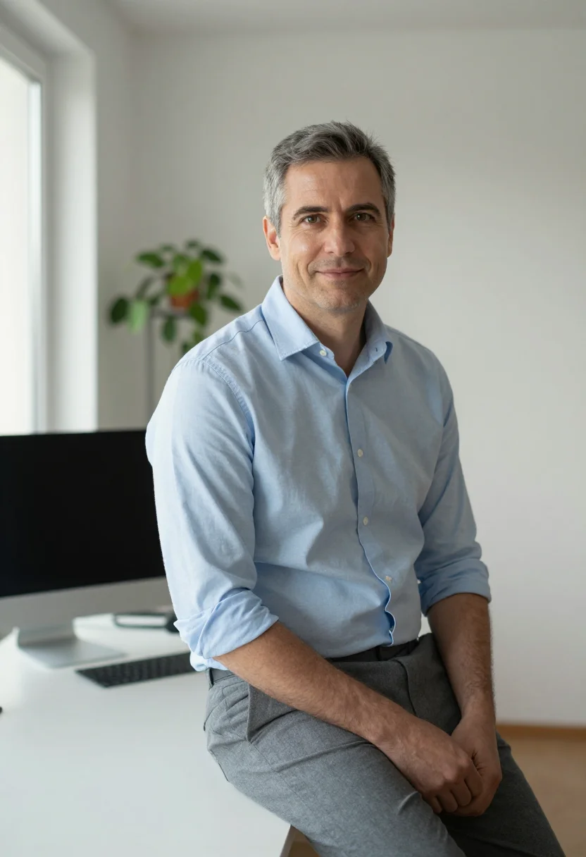 AI office environmental headshot sample — half-length portrait of a Western-European man in his fortie