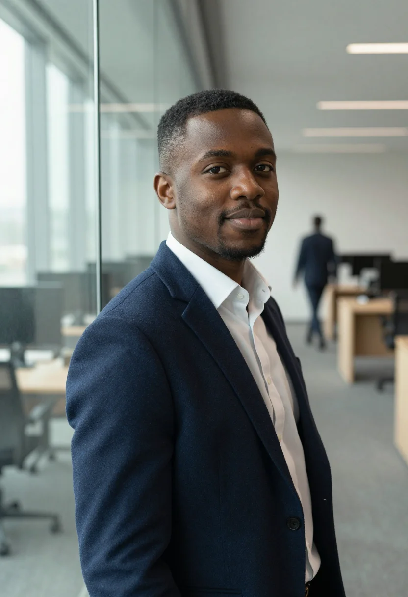 AI office environmental headshot sample — head-and-shoulders portrait of a Black British man in his ea