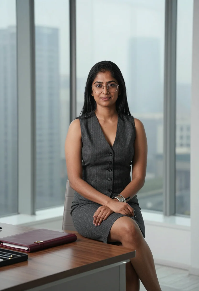 AI office siren sample — portrait of a woman, half-length portrait of a South-Asian w
