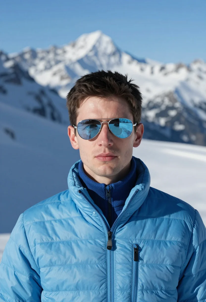 AI ohmss piz gloria sky blue sample — portrait of a man, framed tight, head and shoulders, the bod