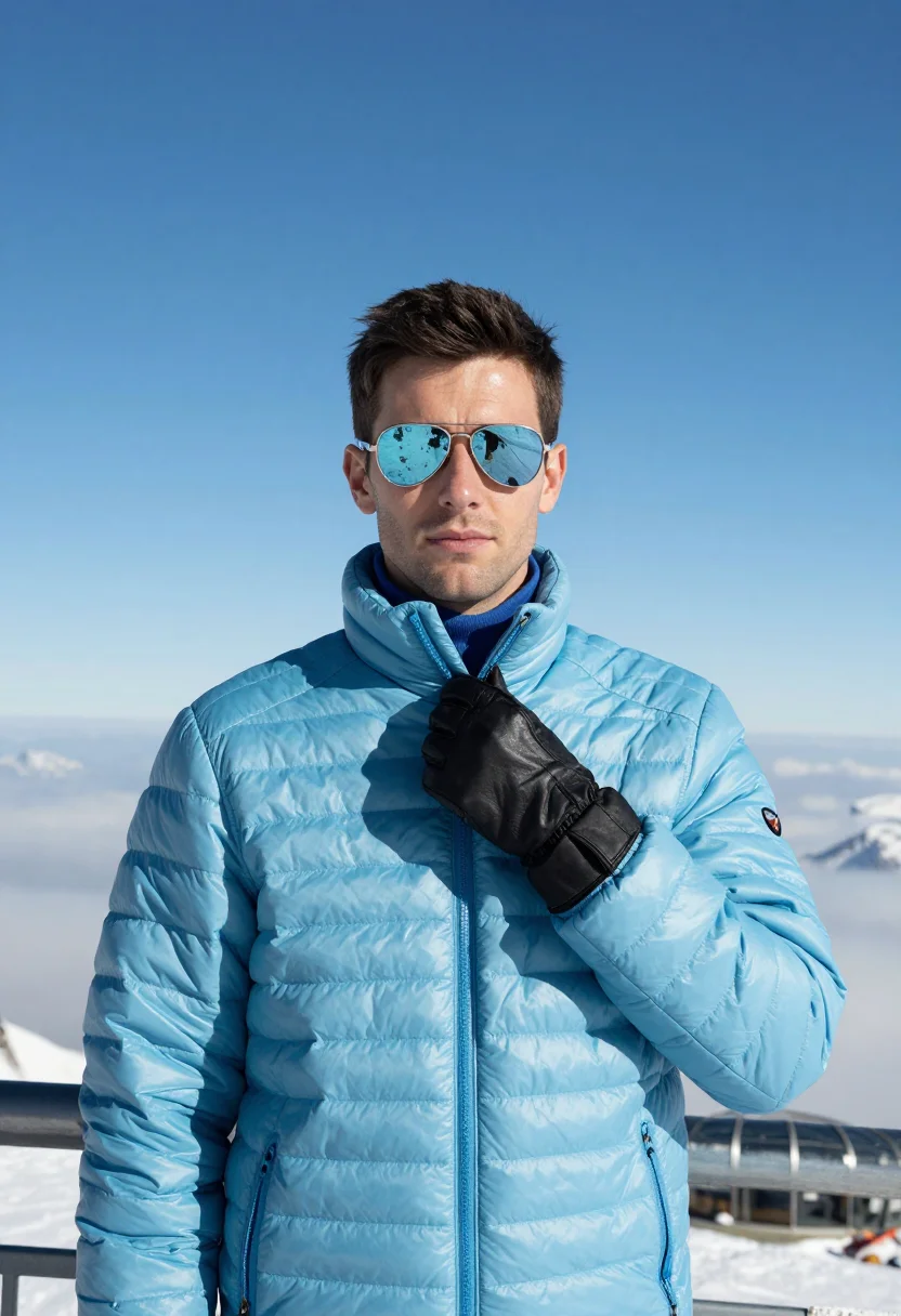 AI ohmss piz gloria sky blue sample — portrait of a man, framed chest-up to the ribs, the body clo