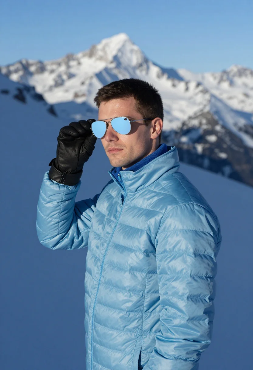 AI ohmss piz gloria sky blue sample — portrait of a man, framed chest-up to the ribs, the body clo