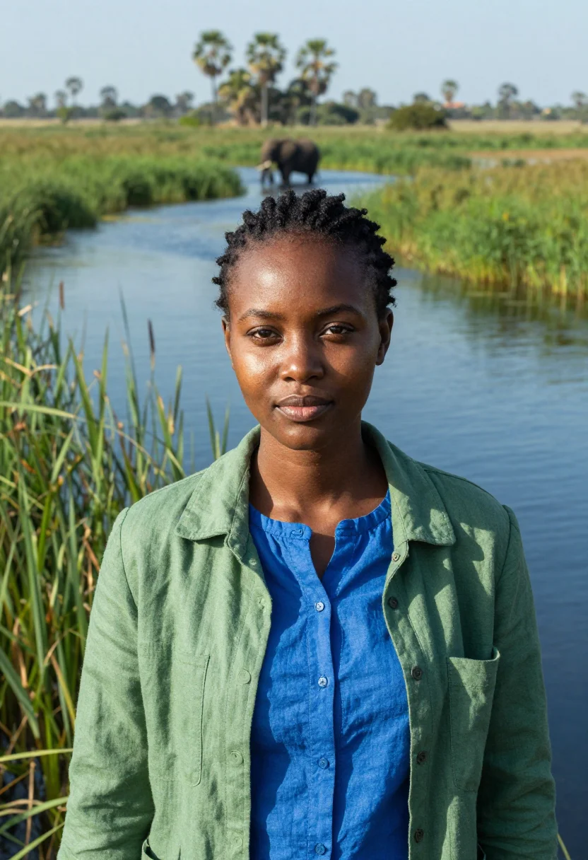 AI okavango ecologist delta reed green blue sample — portrait of a woman, a Tswana ecologist in her early thirtie