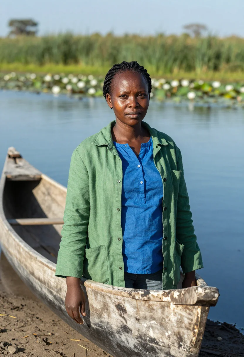 AI okavango ecologist delta reed green blue sample — portrait of a woman, a Zimbabwean ecologist in her mid-thirt