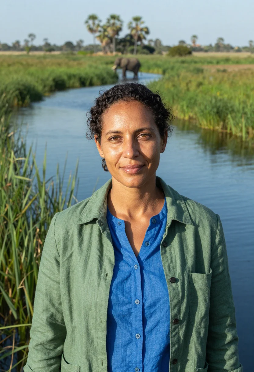 AI okavango ecologist delta reed green blue sample — portrait of a woman, a Namibian ecologist of mixed Damara an