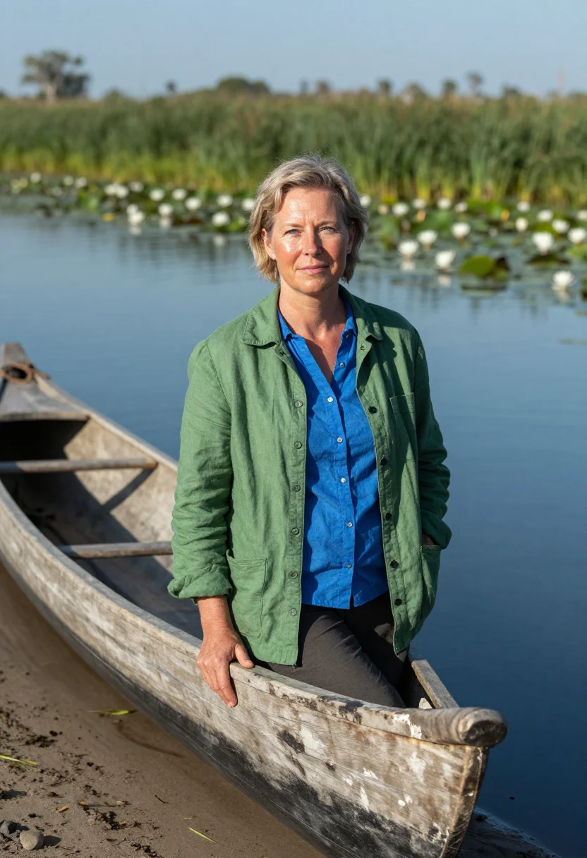 AI okavango ecologist delta reed green blue sample — portrait of a woman, a Dutch ecologist in her early fifties