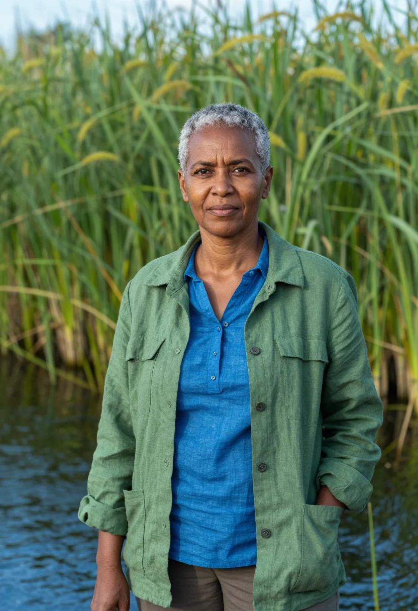 AI okavango ecologist delta reed green blue sample — portrait of a woman, a Tswana ecologist in her mid-fifties w
